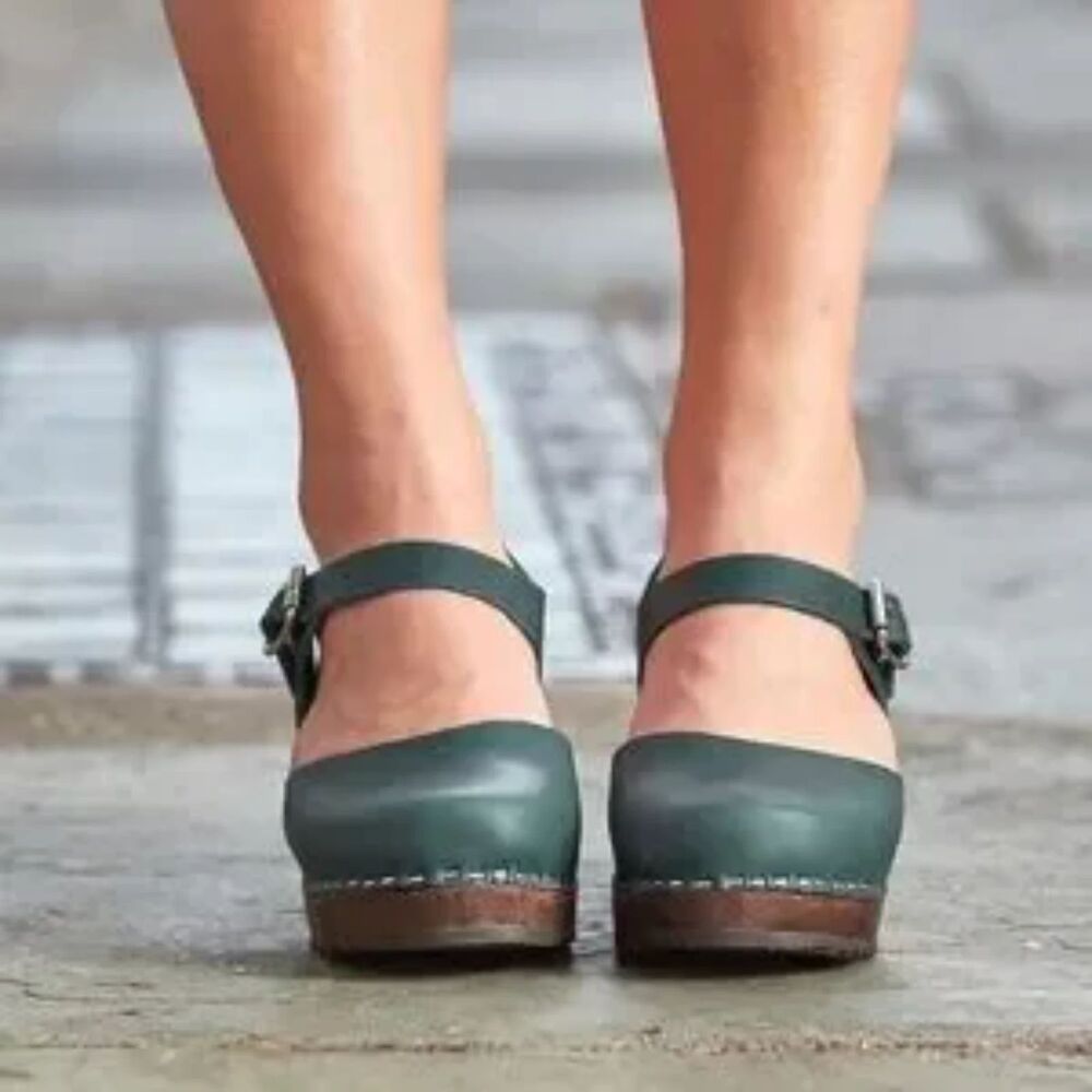 Lotta from Stockholm Dark Hunter Forest Green Leather Wood Heel Clog Sandals 41 - Picture 3 of 14